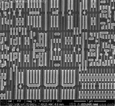 SEM top-down view redistributive tungsten layer