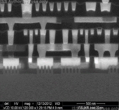 SEM section view of FinFET transistors across fins