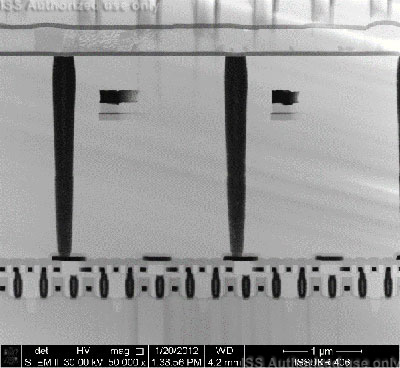 STEM section view metal layers, vias and MOS gates